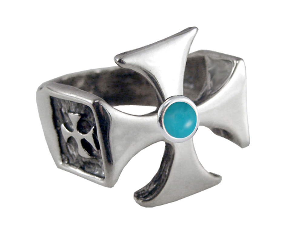 Sterling Silver Iron Cross Ring With Turquoise For a Man or Woman Size 6